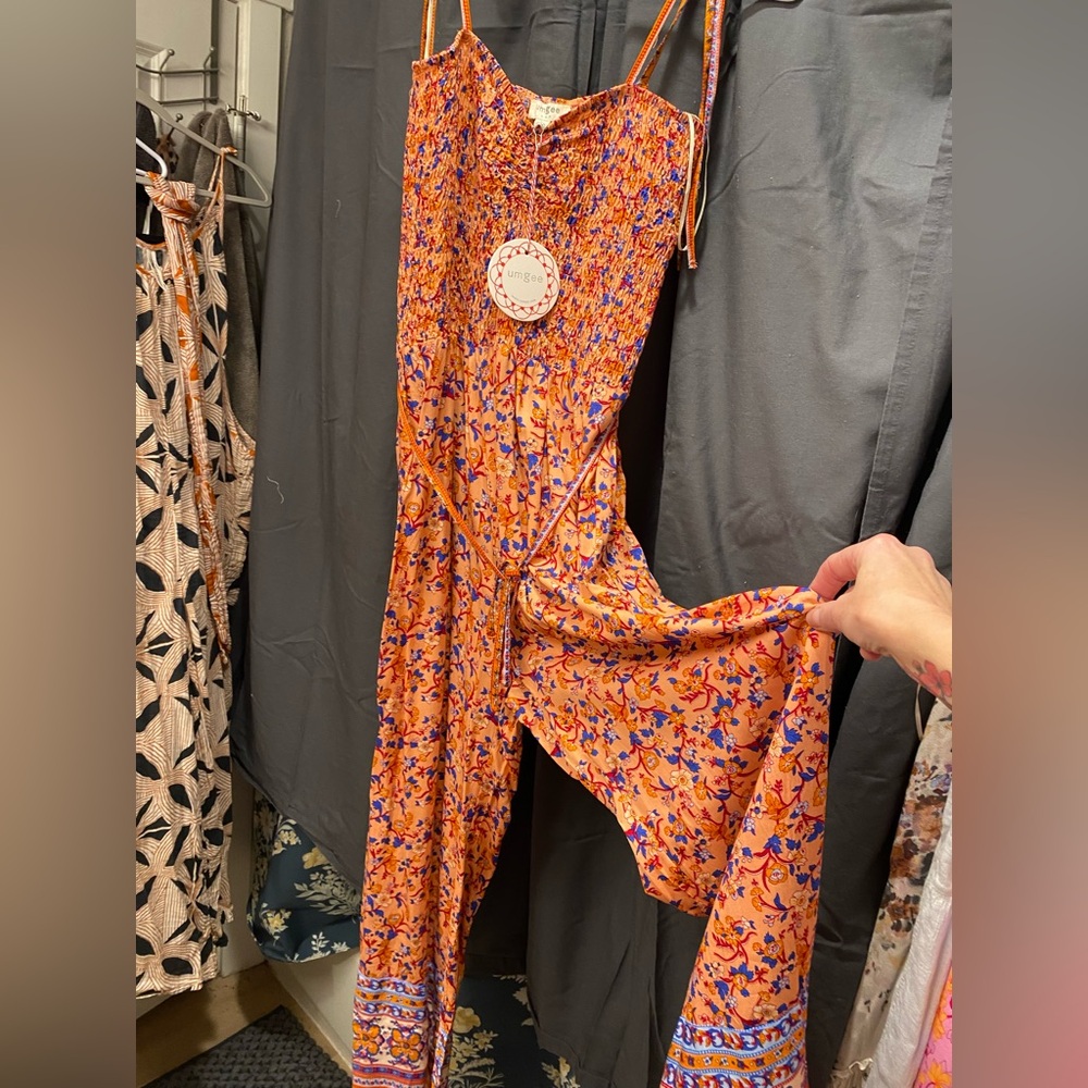 NWT Umgee Vibrant Orange and Blue Floral Jumpsuit